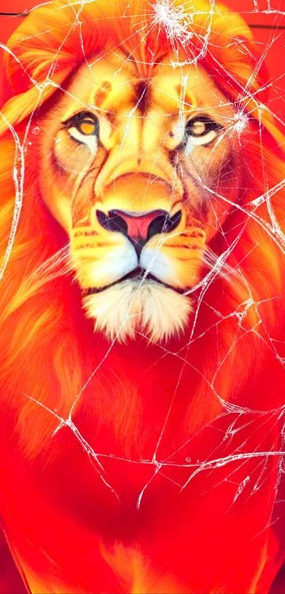 Fiery red lion with cracked screen effect wallpaper.