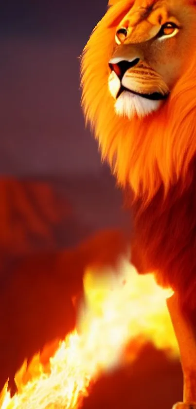 Majestic lion with flaming orange mane on a dark fiery background wallpaper.