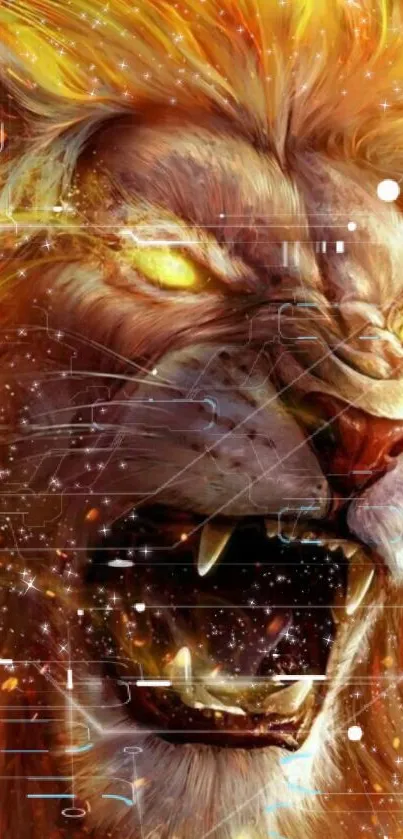 Dynamic fiery lion digital wallpaper with vibrant colors.