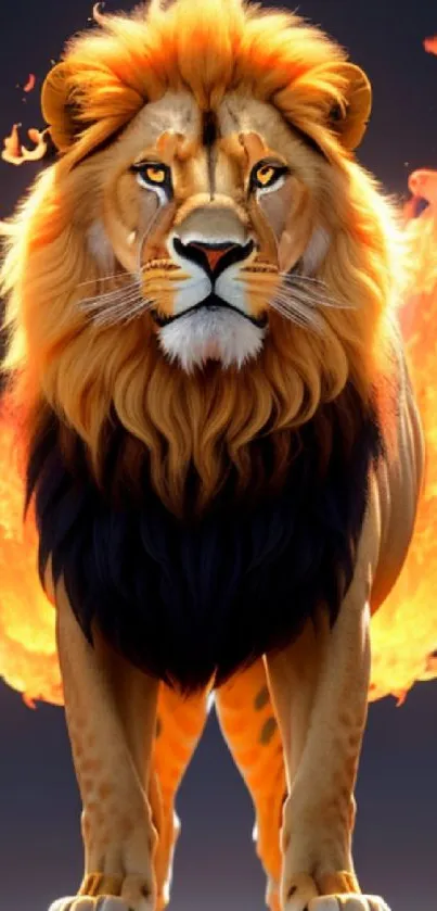 A fiery lion with flames in digital art.