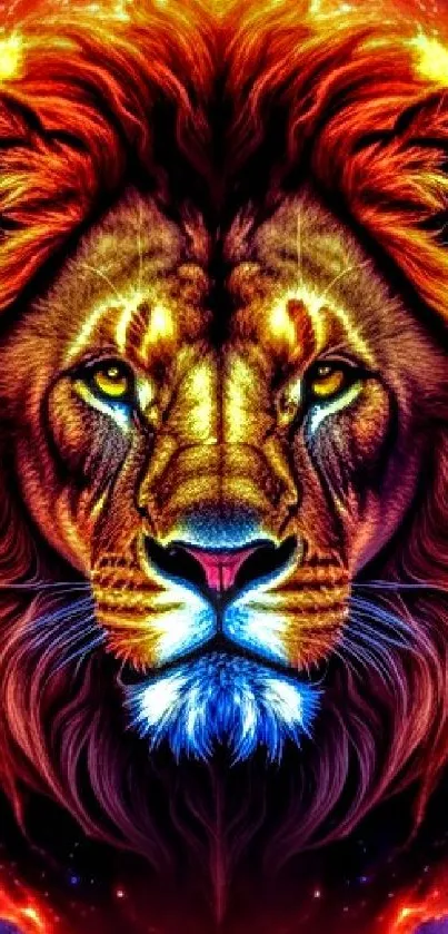 Fiery lion digital art with a cosmic backdrop.