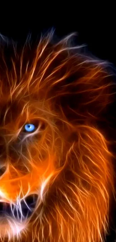 Digitally enhanced lion with fiery mane on dark background.