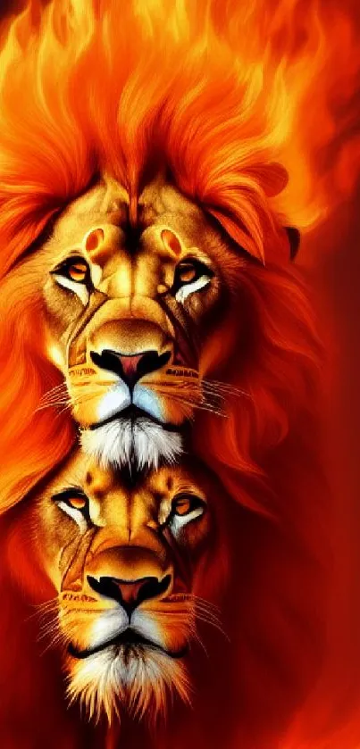 Vibrant fiery lions with flaming manes in dynamic mobile wallpaper.