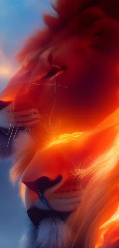 Two majestic lions intertwined with vibrant flames.