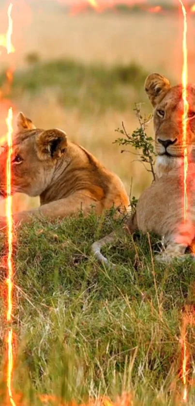 Two lions resting in fiery grassland with vibrant background.