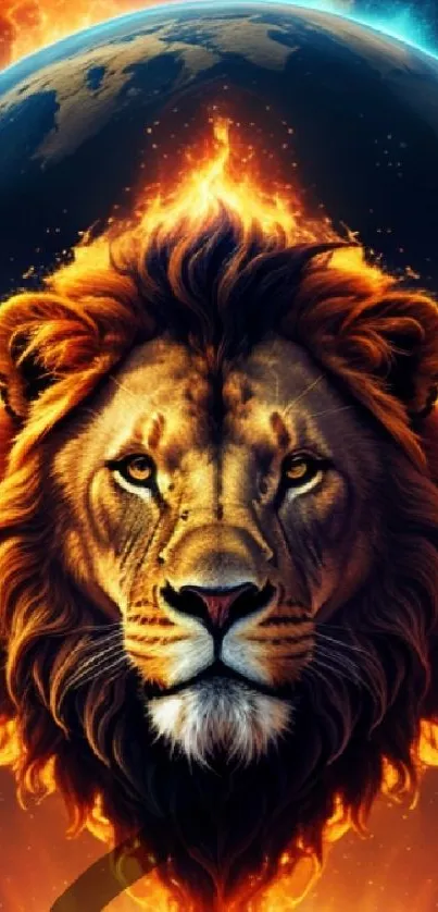 Majestic lion with fiery mane before the Earth in a celestial wallpaper.