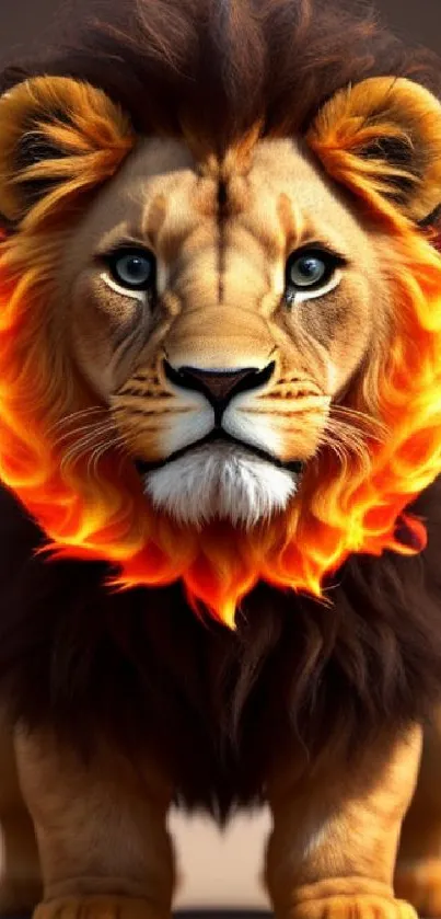 Lion with a fiery flaming mane and intense gaze.