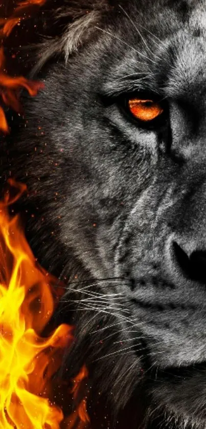 Lion face surrounded by fiery flames, intense and captivating.