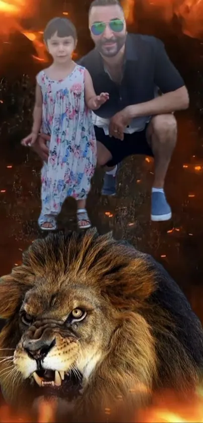 Fiery lion with family portrait in background.