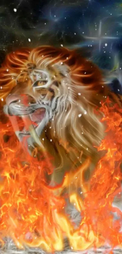 Illustration of a majestic lion engulfed in vibrant flames against a cosmic backdrop.