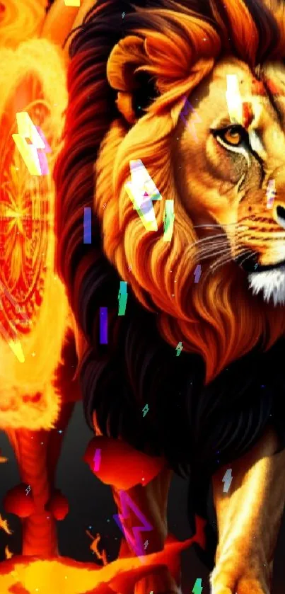 Lion surrounded by flames in a fantasy art style, rich in vibrant colors.