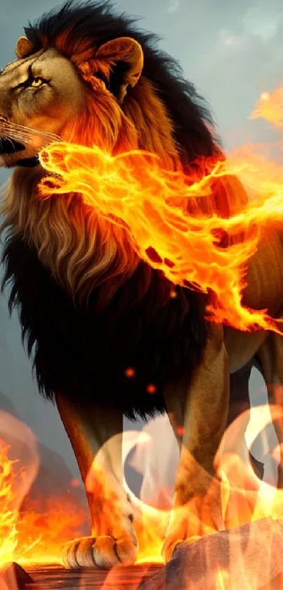 Majestic lion engulfed in fiery flames on a dark, dramatic backdrop.