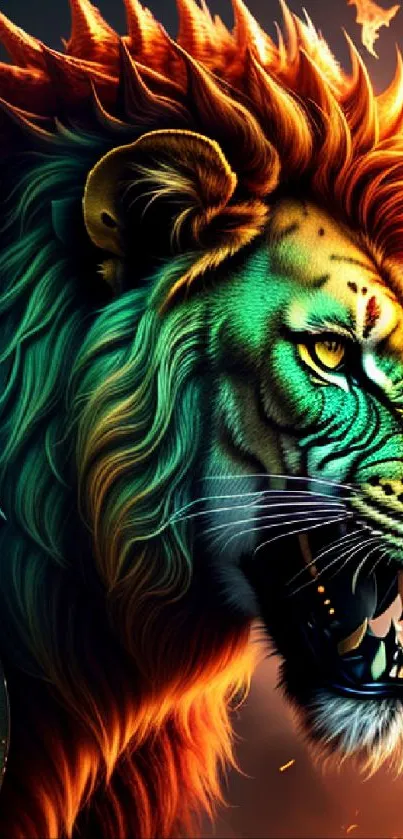 Fiery lion fantasy wallpaper with vibrant colors and dynamic design.