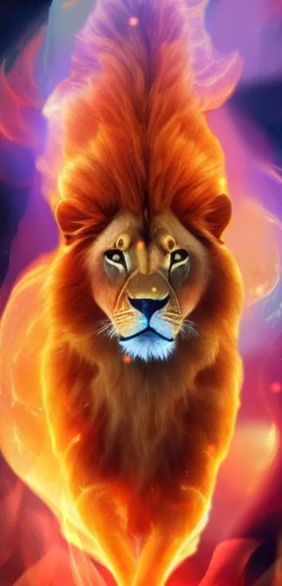 Fiery lion with vibrant colors in a fantasy style mobile wallpaper.