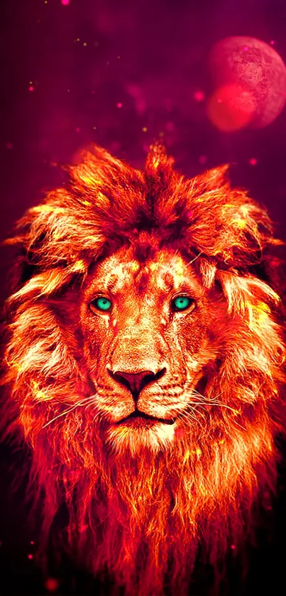 Fiery lion with cosmic background, vivid colors for mobile wallpaper.