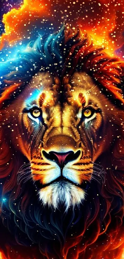 Vibrant fiery lion with cosmic background in mobile wallpaper.