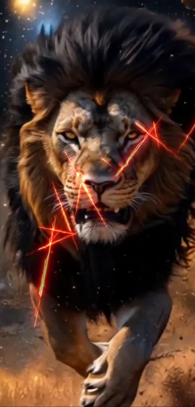 A lion in a galaxy with red lasers across its face.