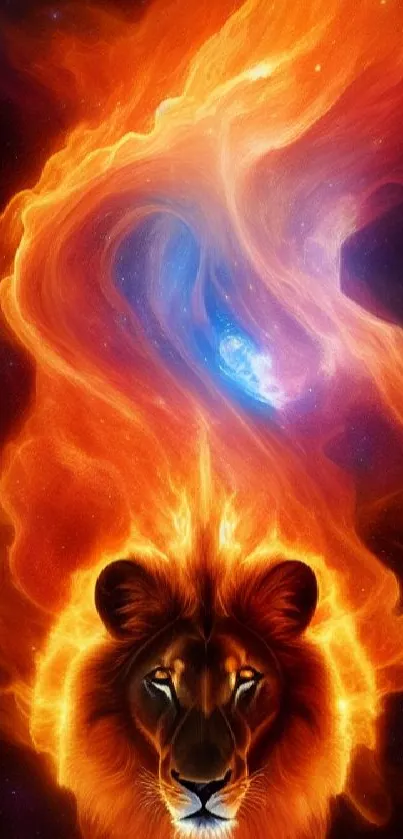 Fiery lion with space galaxy background in vivid colors.