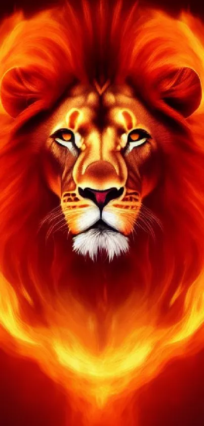 Fiery lion head with a flaming mane on a mobile wallpaper background.