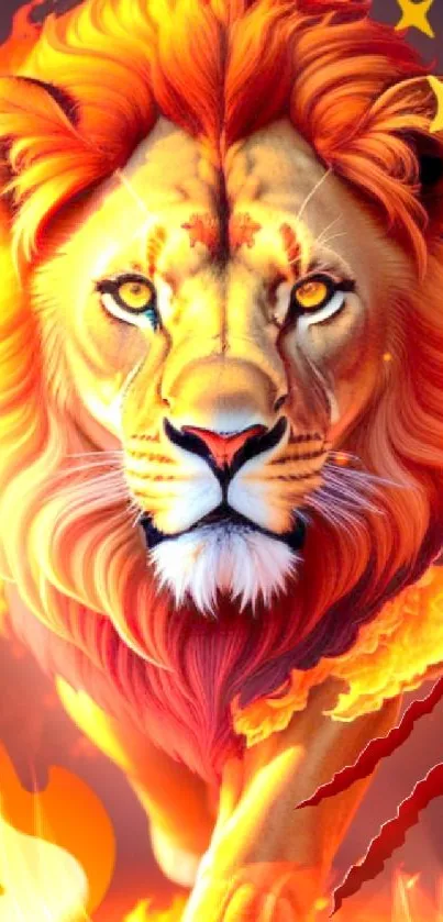 Fiery orange lion illustration with burning mane.