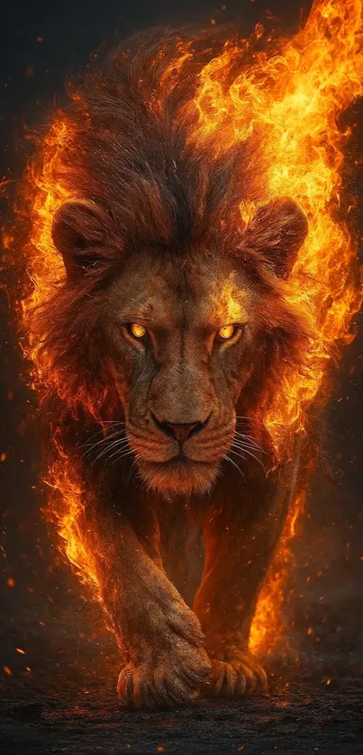 A powerful lion with a fiery mane in digital artwork.