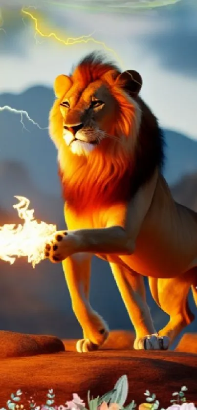 Vibrant lion surrounded by flowers and lightning.