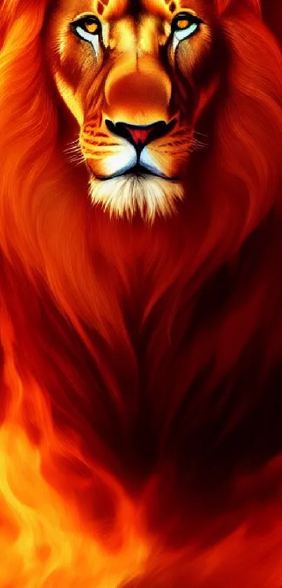 Fiery lion surrounded by flames in a vibrant artwork.