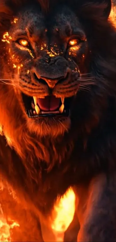 Lion with fiery mane in flames.