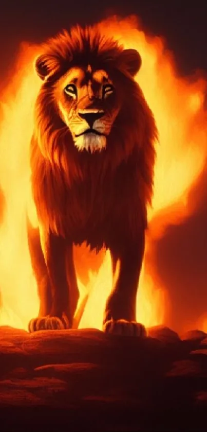 Majestic lion with fiery flames in a captivating mobile phone wallpaper.