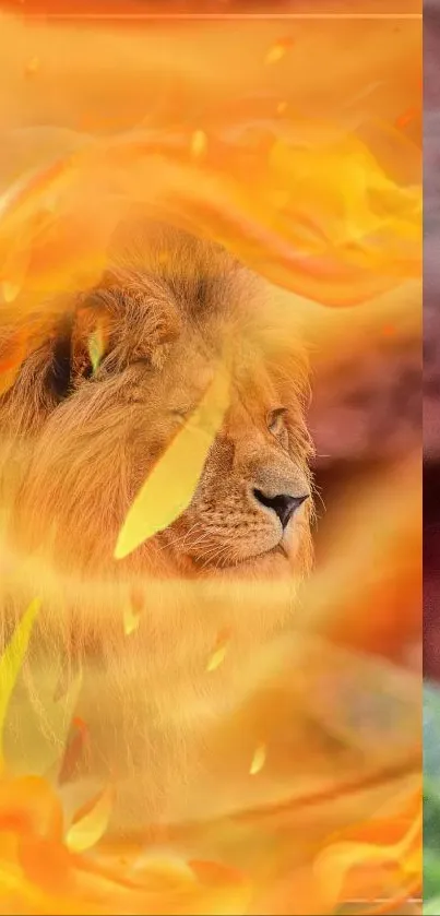 Lion surrounded by vibrant flames with natural background.