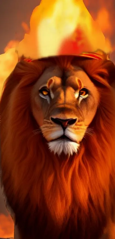 Majestic lion with fiery mane in vibrant flames, perfect mobile wallpaper.