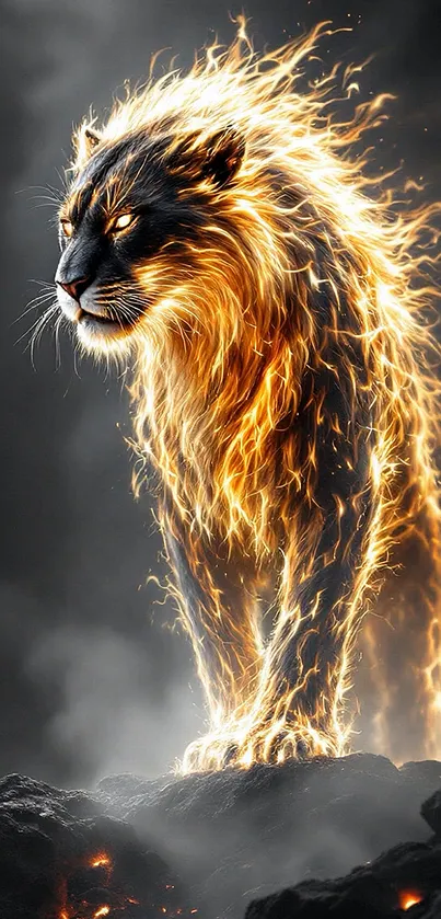 Majestic lion with fiery mane on volcanic rock.