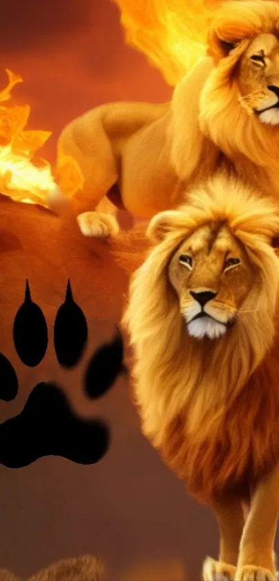 Majestic lions on fiery backdrop wallpaper.