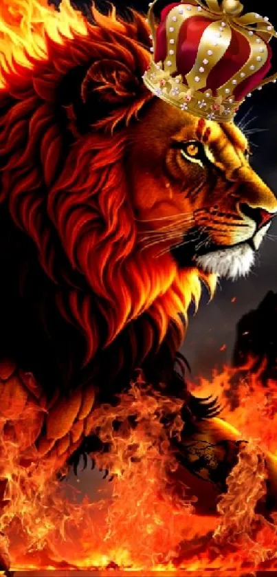 Majestic lion with crown surrounded by flames.