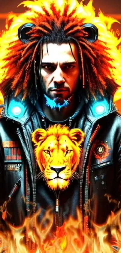 Man with fiery lion mane jacket in vibrant art style.