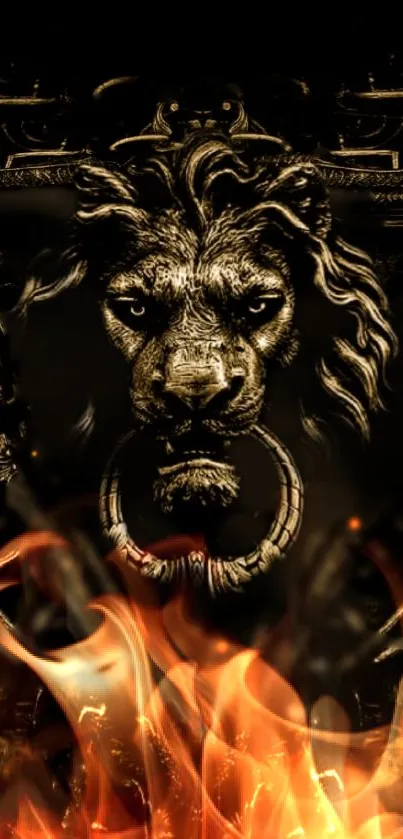 Lion's head art with flames in dark metal design for mobile wallpaper.