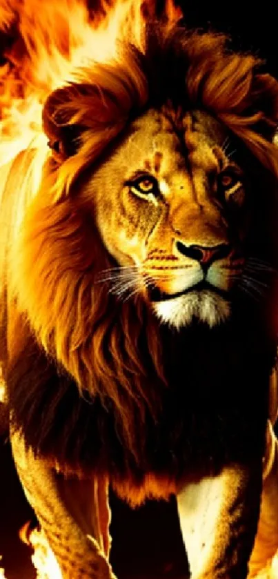 Majestic lion engulfed in bright, fiery flames on a mobile wallpaper.