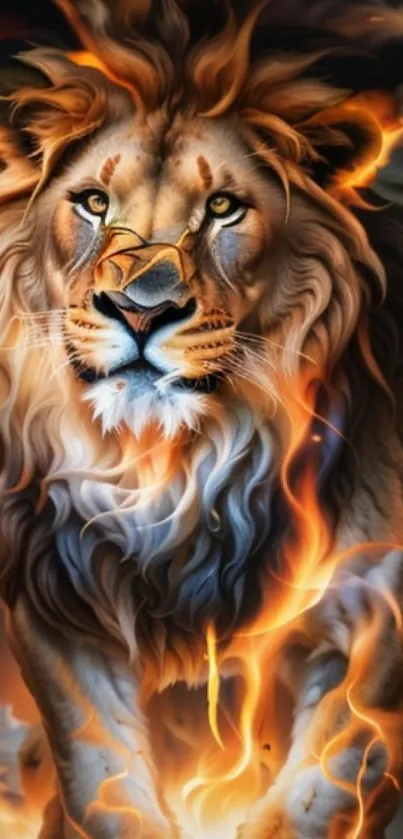 Fiery lion with blazing mane wallpaper for mobile.