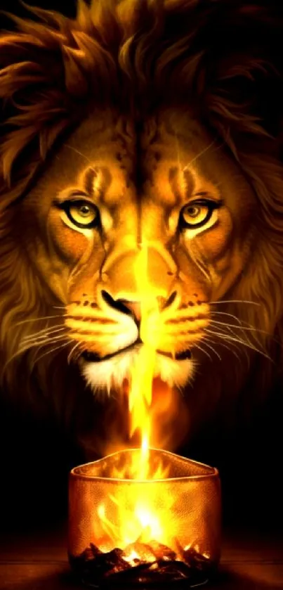 Majestic lion with fiery flames in a striking mobile wallpaper design.