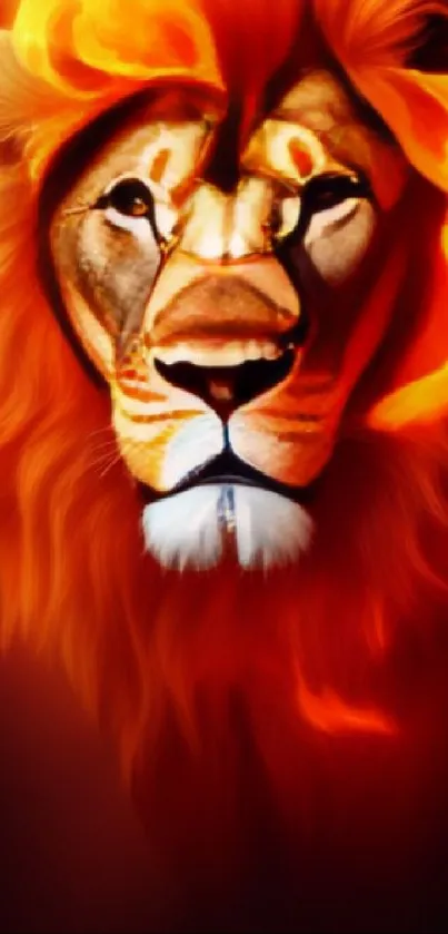 A vibrant mobile wallpaper of a lion with a fiery mane in vivid orange tones.