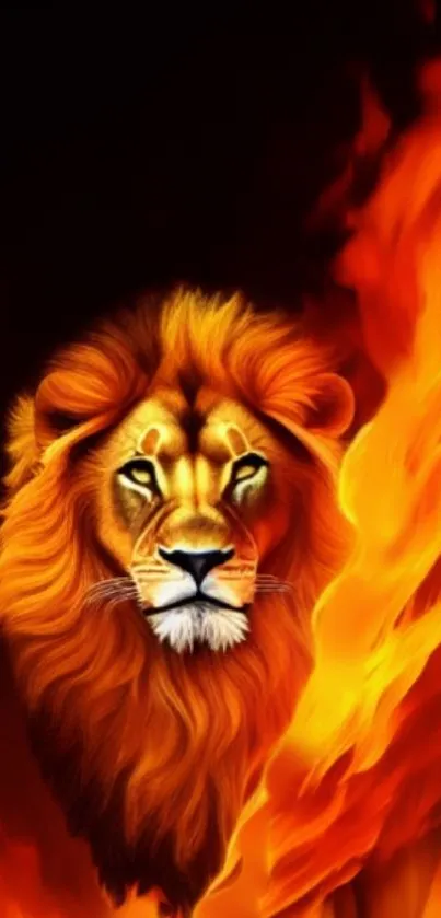 Vibrant mobile wallpaper of a fiery lion with flames.