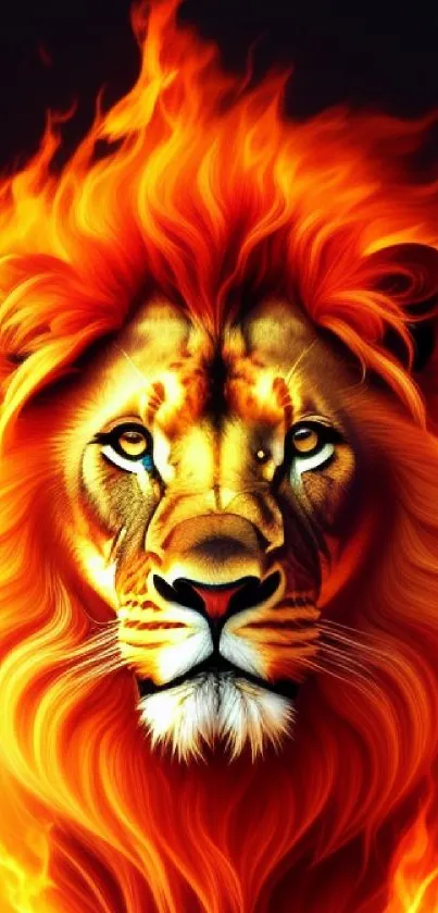 Stunning lion with fiery orange mane in vivid mobile wallpaper design.