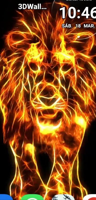 Fiery glowing lion on dark background wallpaper.