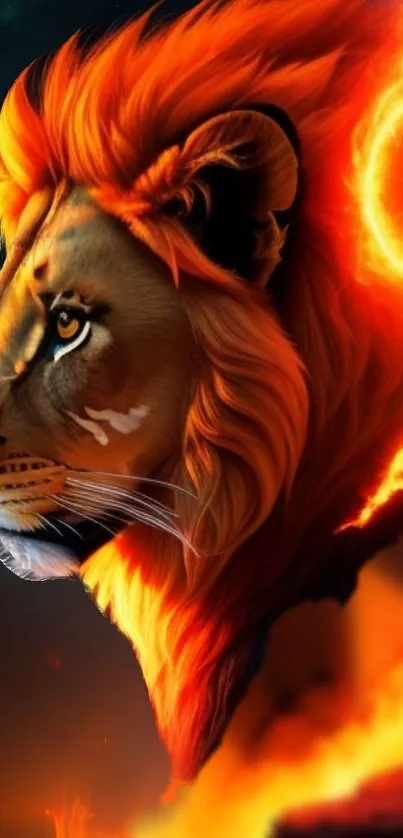 Fiery lion artwork with vibrant orange flames for mobile wallpaper.