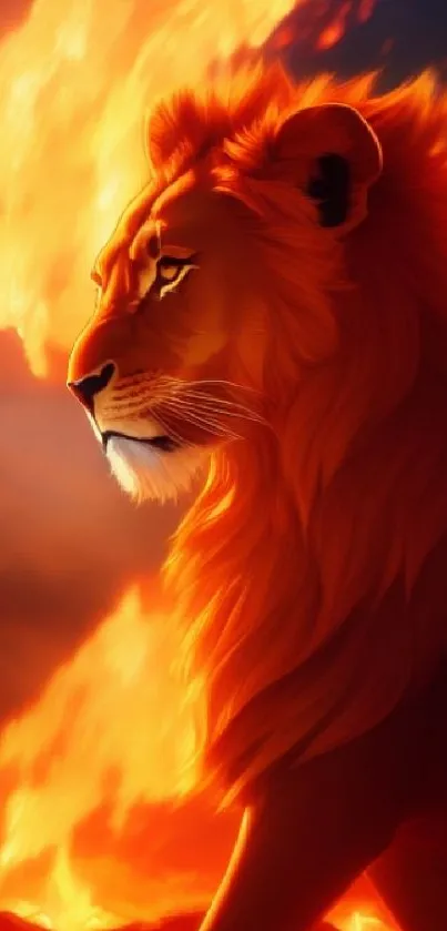 A majestic lion surrounded by fiery flames, perfect for brave and vibrant displays.