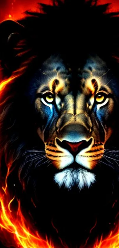 Majestic lion with fiery mane wallpaper.