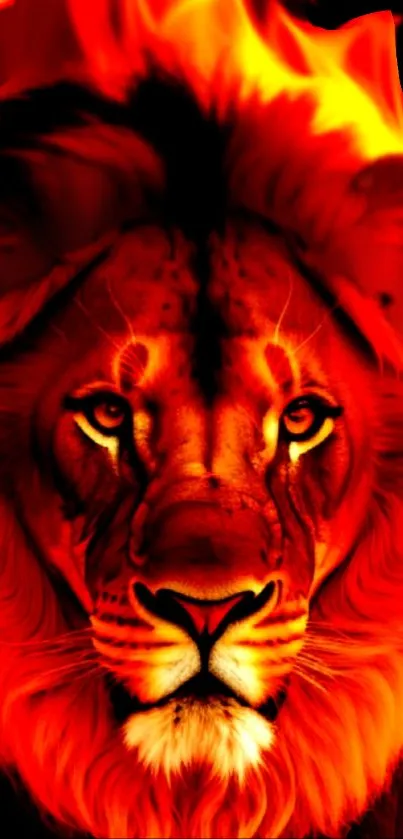 Fiery lion wallpaper with striking red flames.