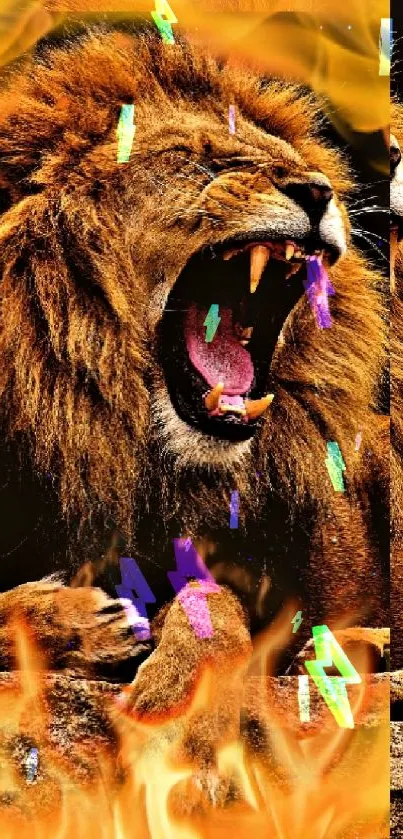 Roaring lion with fiery flames mobile wallpaper.