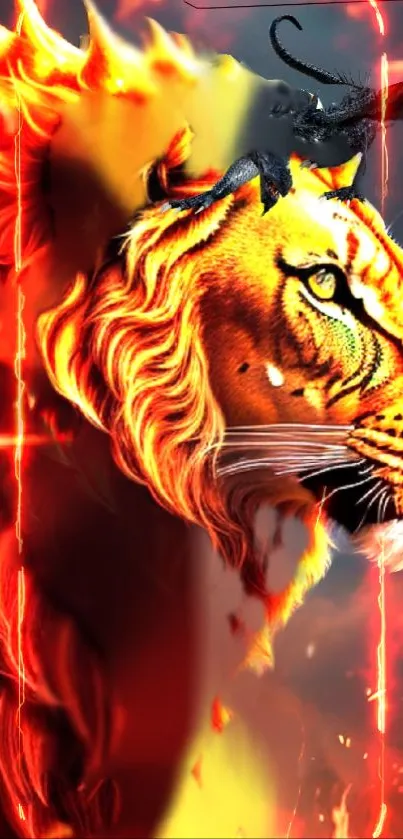 Fiery lion with bright flames on a mobile wallpaper background.