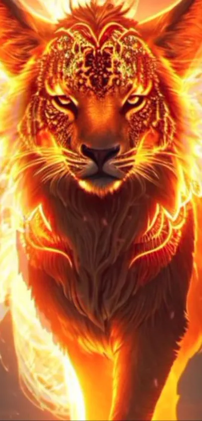 Fiery lion with flames mobile wallpaper in vibrant orange hues.